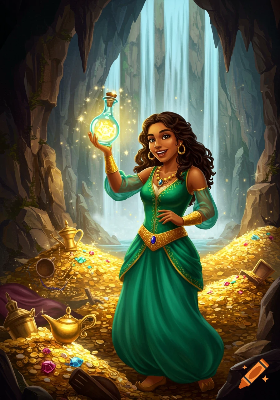 A woman in a green dress holds a glowing bottle in a cave filled with treasure, with a waterfall in the background.