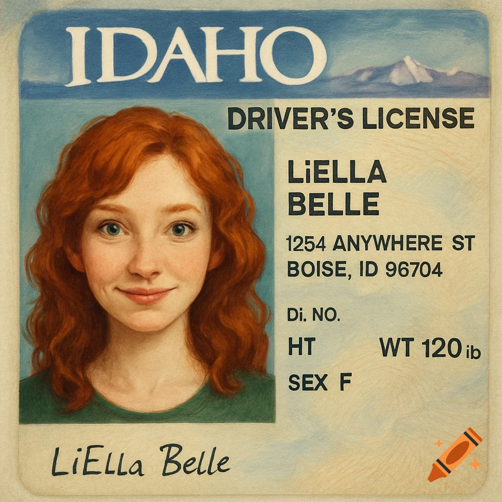 A young woman's portrait on an Idaho driver's license in a drawing style.