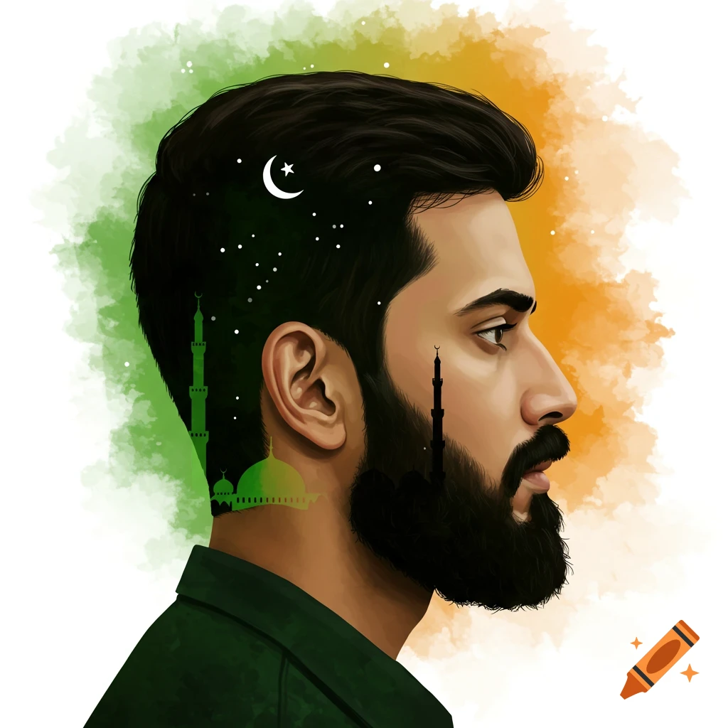 Stylized portrait of a man with mosques, moon, and stars within his silhouette, against green and orange splashes.