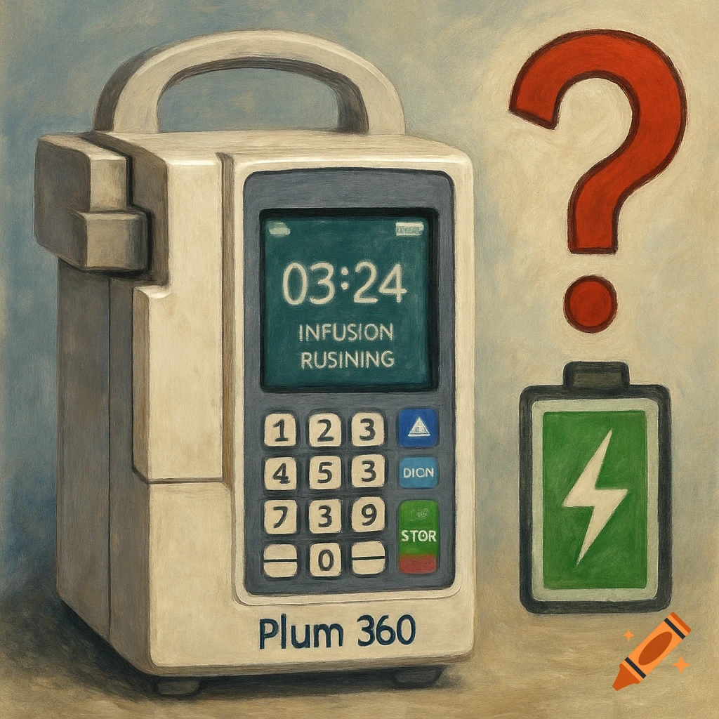 Painterly illustration of a Plum 360 infusion pump next to a question mark and battery icon