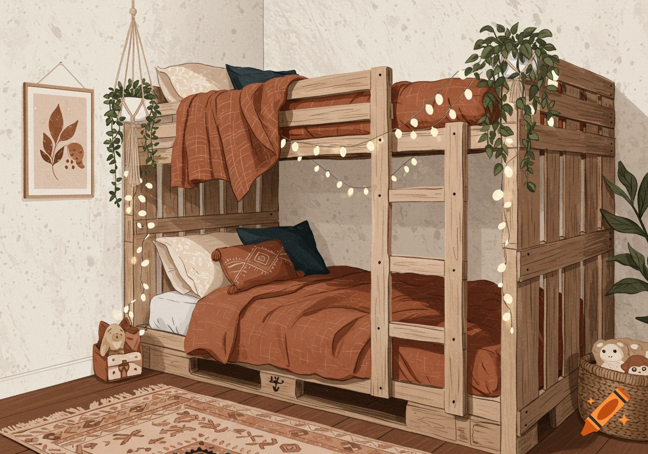 Boho illustration of a cozy bedroom with a pallet bunk bed decorated with plants, string lights, and a patterned rug.