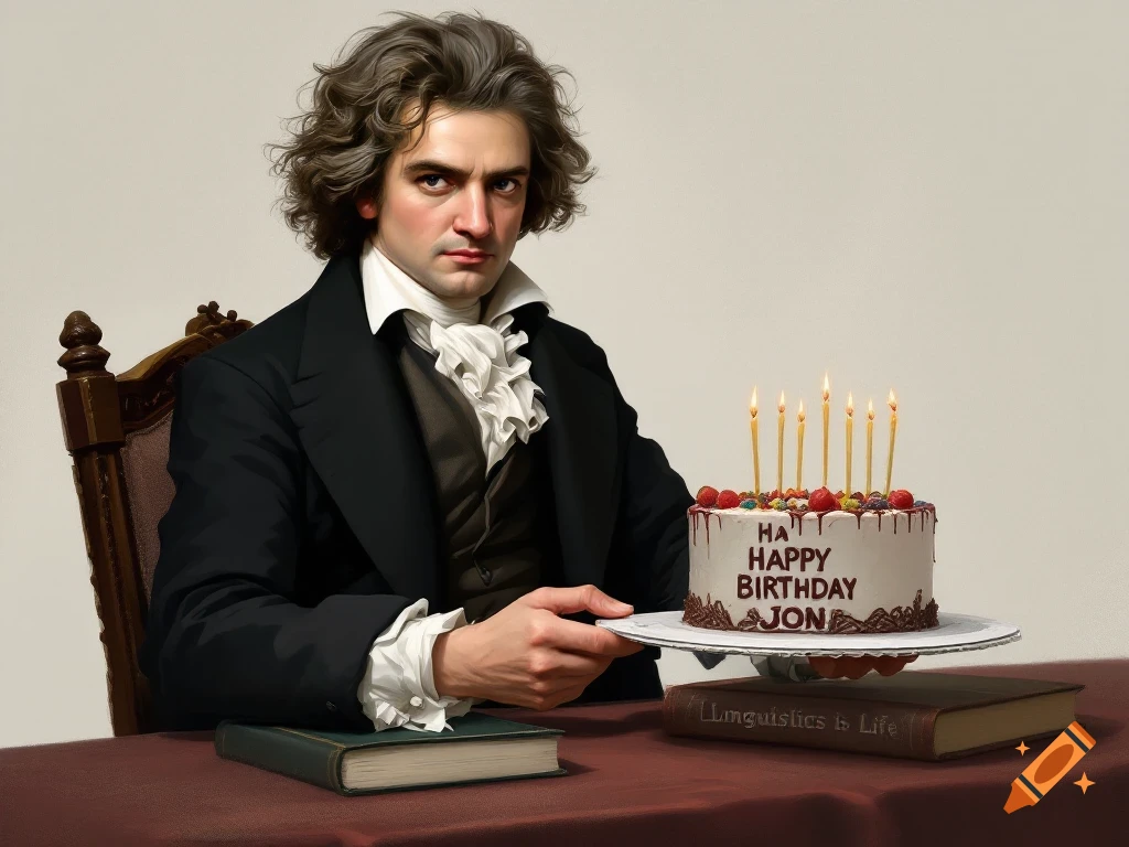 Portrait of Ludwig von Beethoven sitting at a table with a birthday cake.