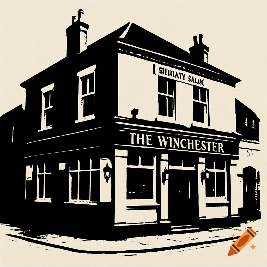 Minimalist stencil illustration of a pub with 'The Winchester' sign