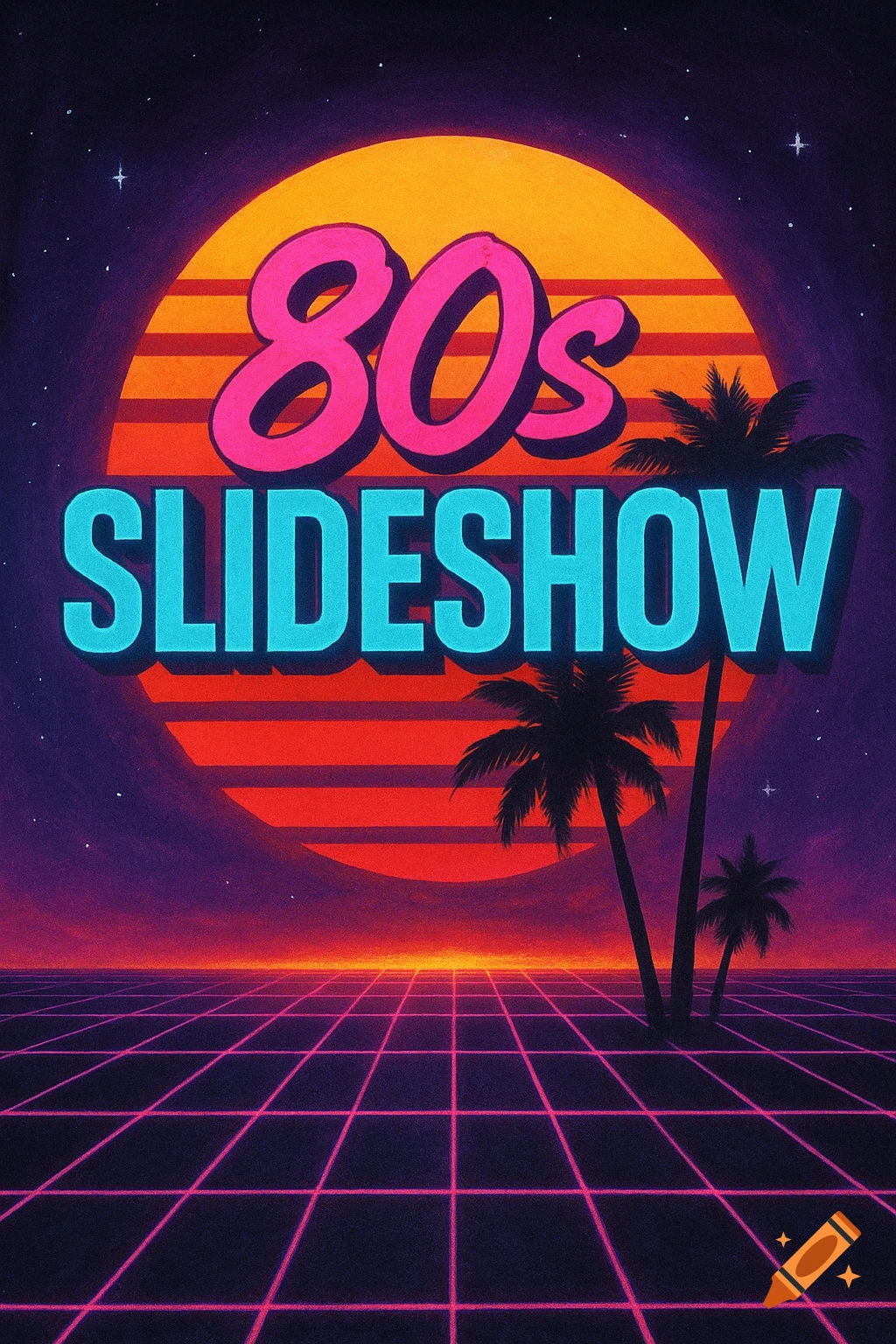 Retro 80s graphic with sun, grid, palm trees, and text '80s SLIDESHOW'.