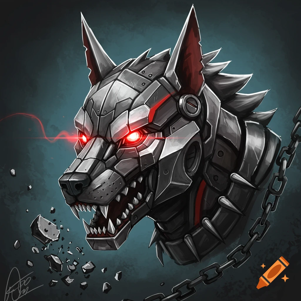 A detailed rendering of a mechanical dog head with glowing red eyes and sharp teeth, breaking apart rock fragments, with a chain beside it.