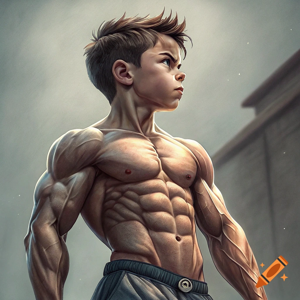 Stylized portrait of a young boy with exaggerated musculature.
