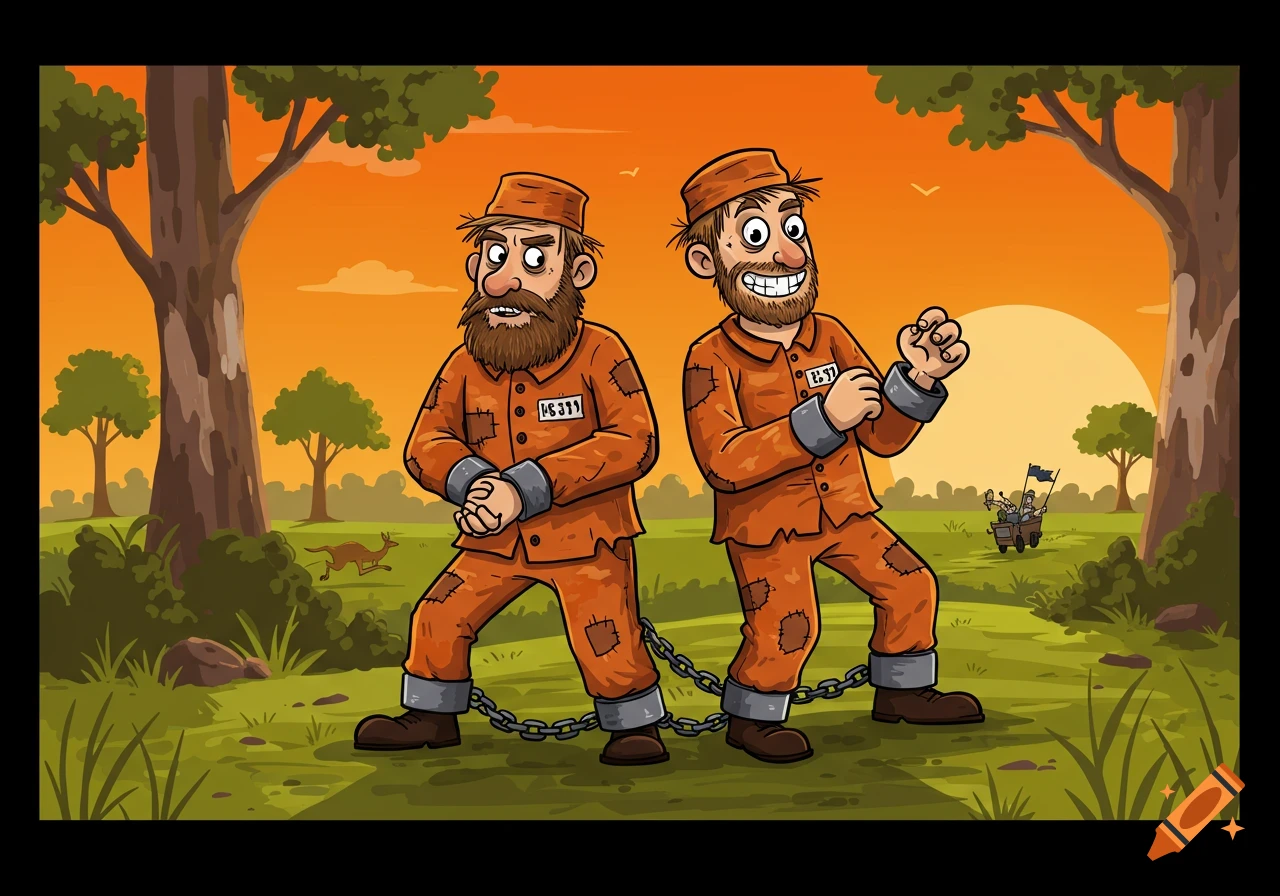Cartoon of two Australian convicts chained together in a landscape with a kangaroo.