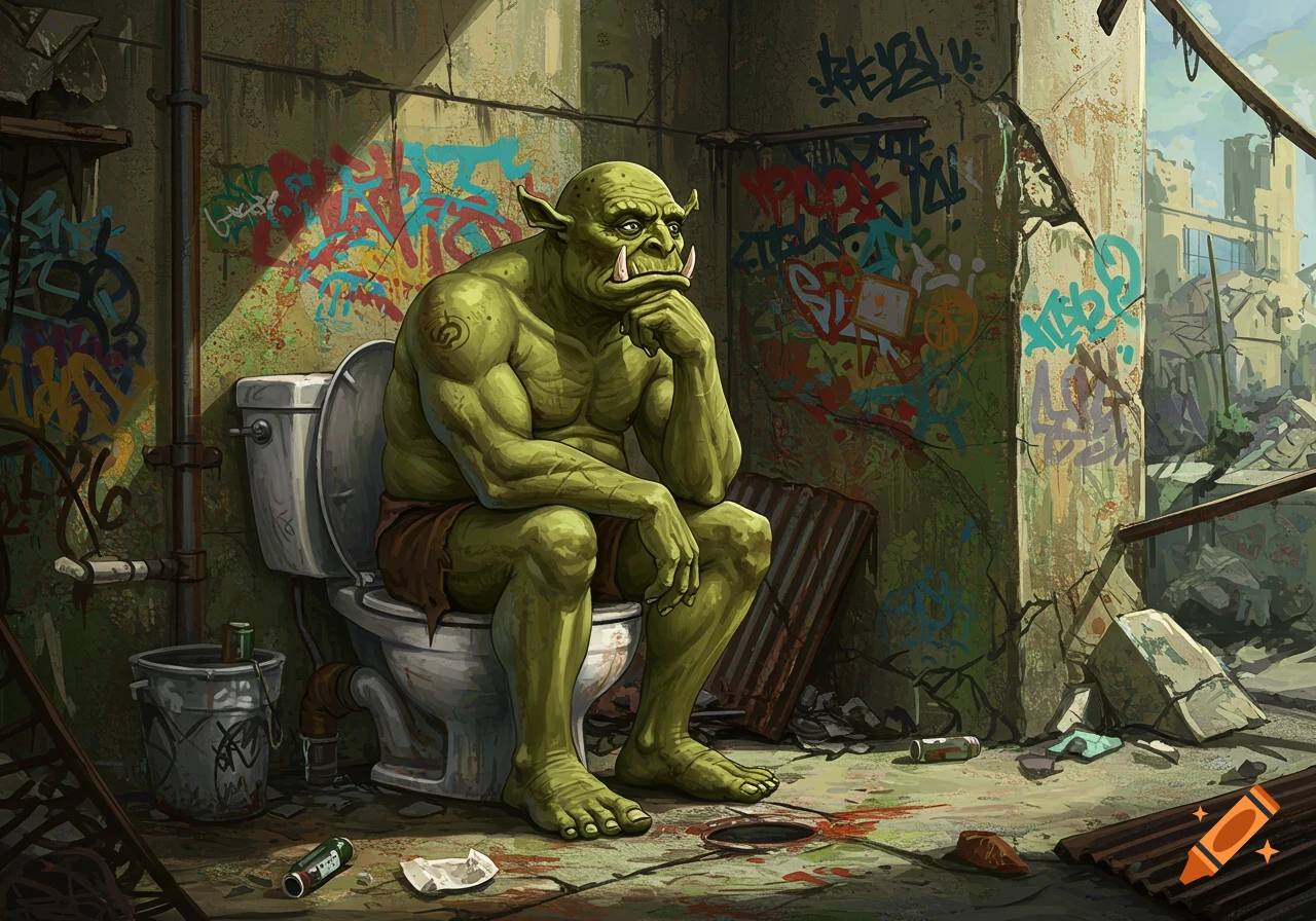 A thinking ogre sits on a toilet in a dilapidated, graffiti-covered room with rubble. Fantasy illustration.