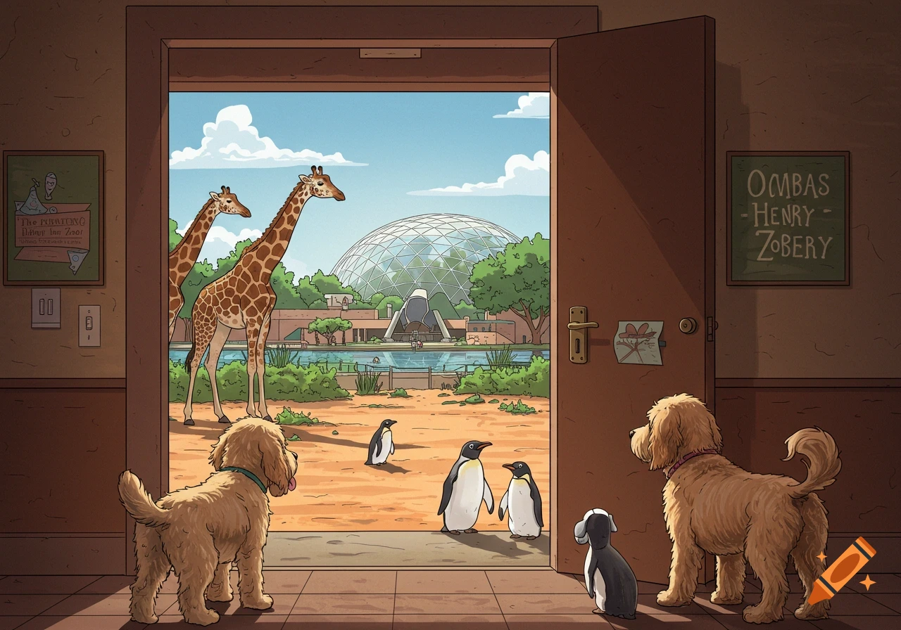 Two dogs and a small penguin look through an open door at giraffes and penguins in a zoo enclosure with a dome, in a hand-drawn style.