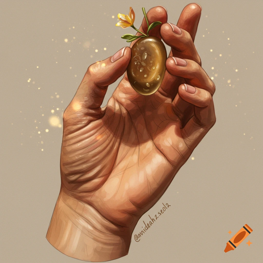 A detailed digital painting shows a hand holding a glowing oval stone with a small flower and leaves growing from the top.