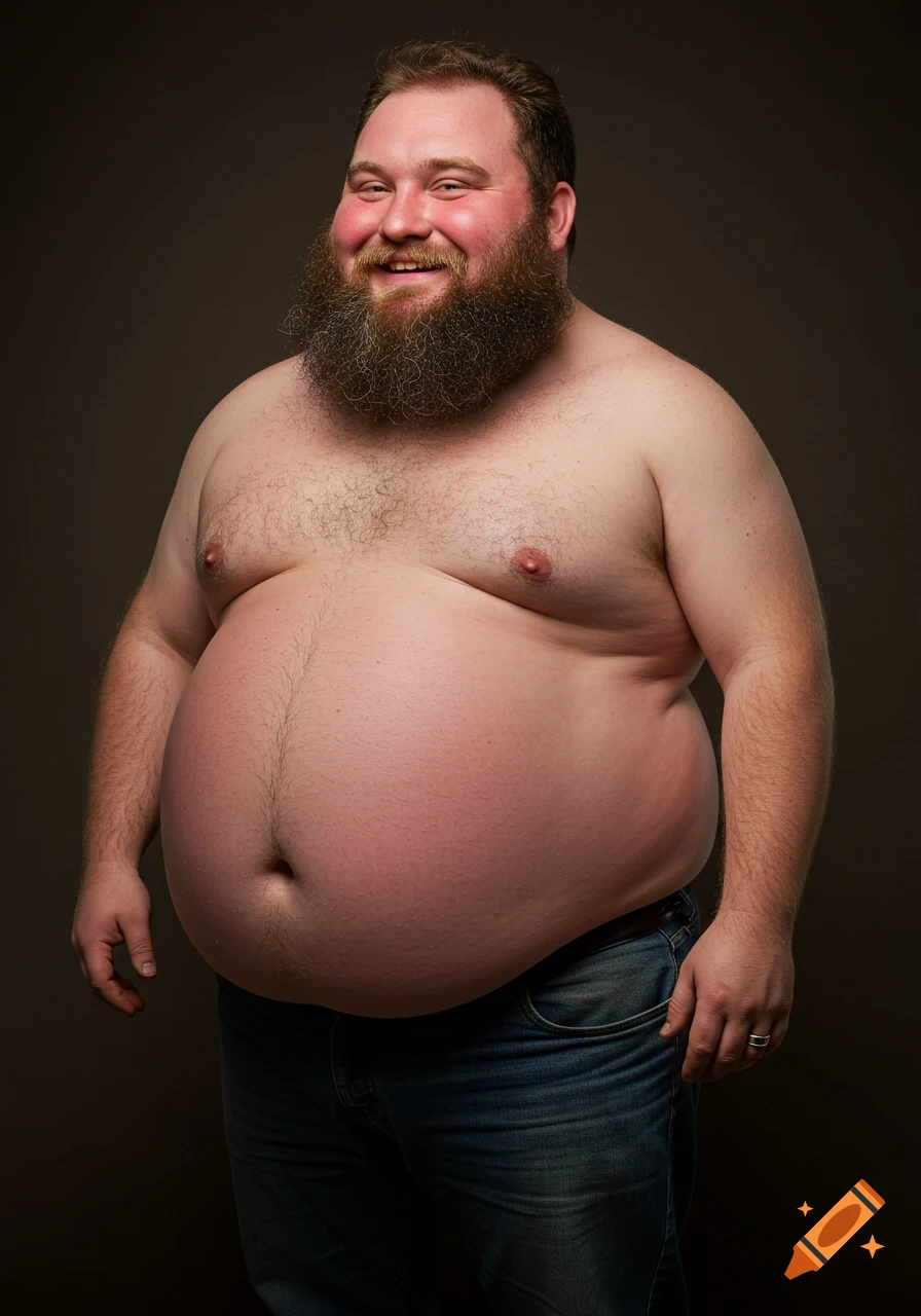 A smiling, bearded, overweight man with a beer belly, painted ...