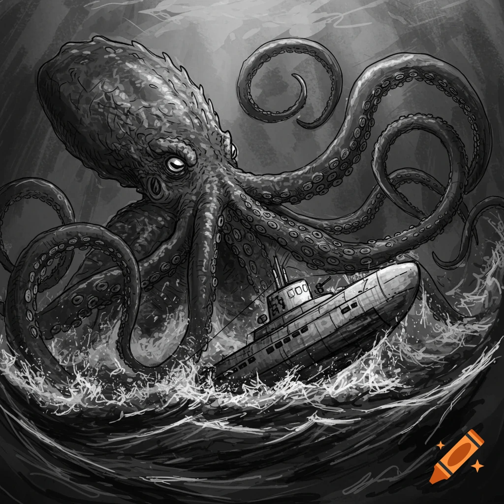 A giant kraken attacks a submarine in a sketchy grayscale illustration.