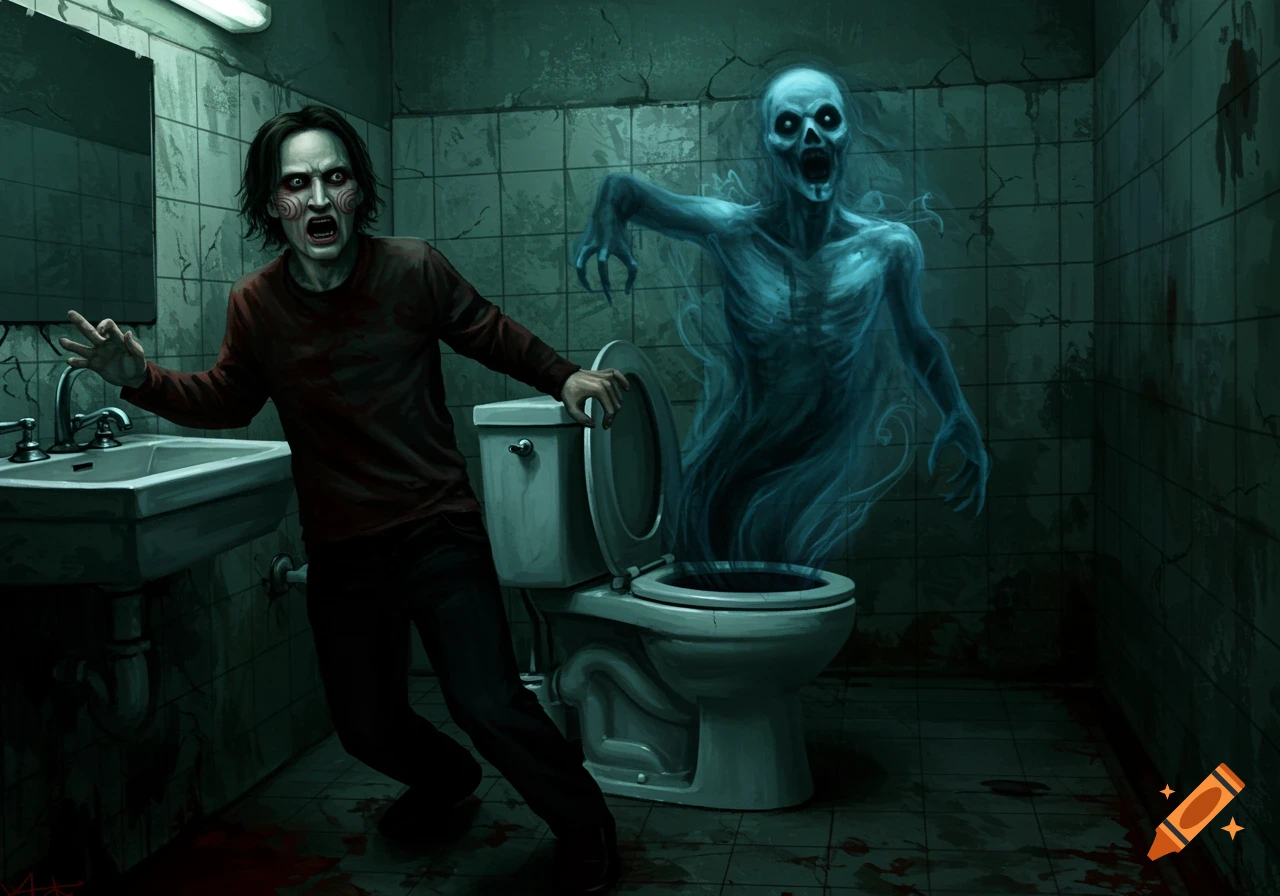 Man in bloody shirt reacts in horror as ghost emerges from toilet in dirty bathroom.