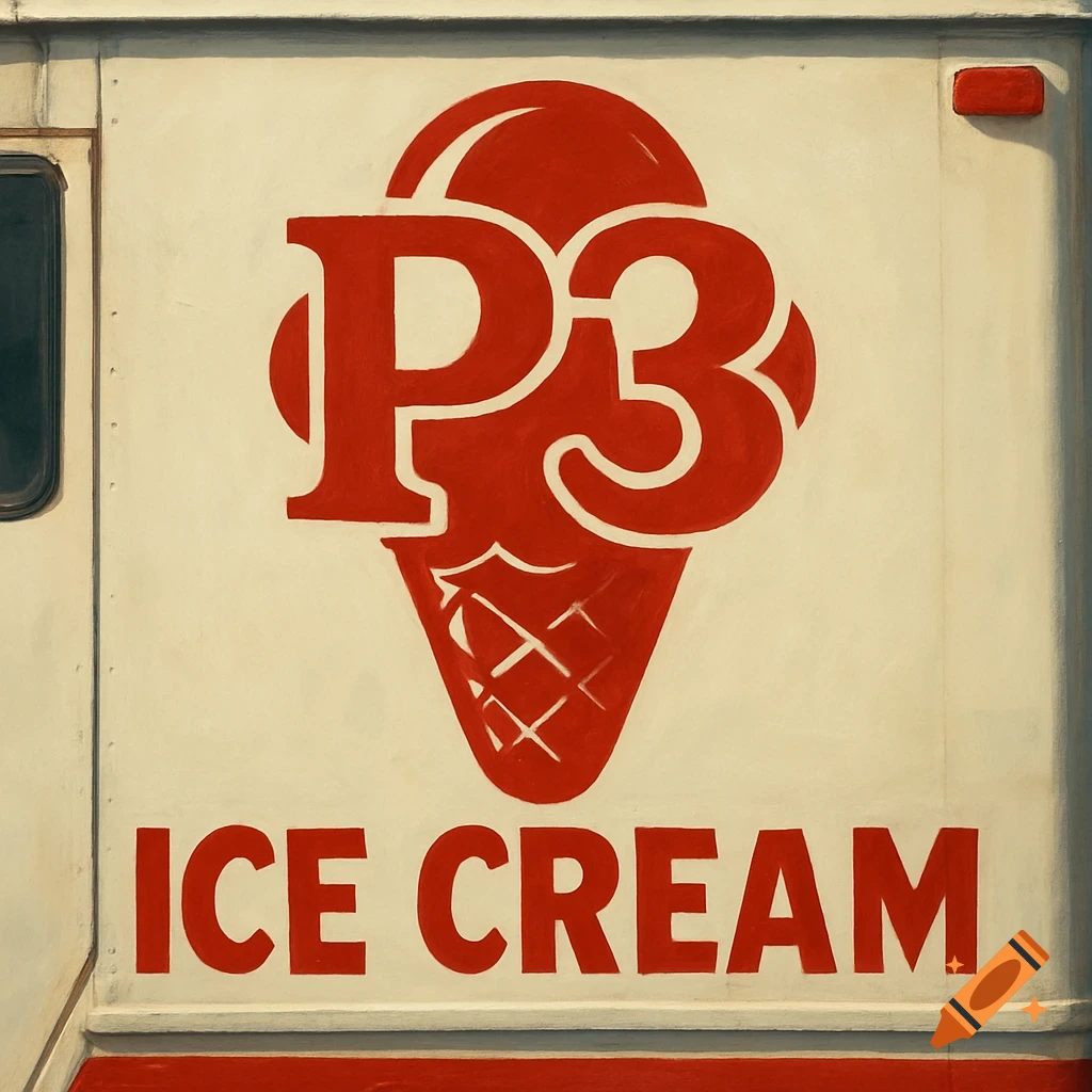 Red P3 logo on an ice cream cone shape with ICE CREAM text below it on the side of a white truck.