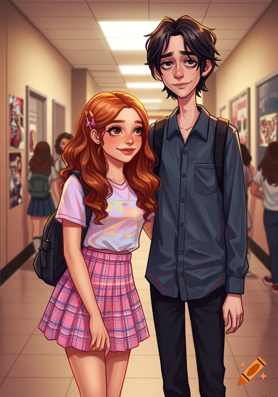 Two illustrated teenagers stand in a school hallway.