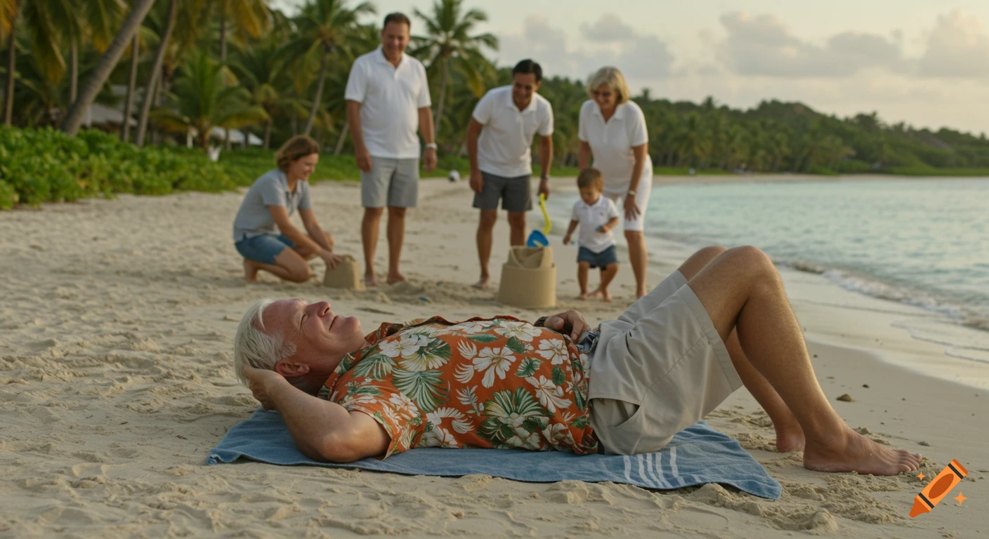 Family relaxing on a beach, older man lying on a towel, others building sandcastles