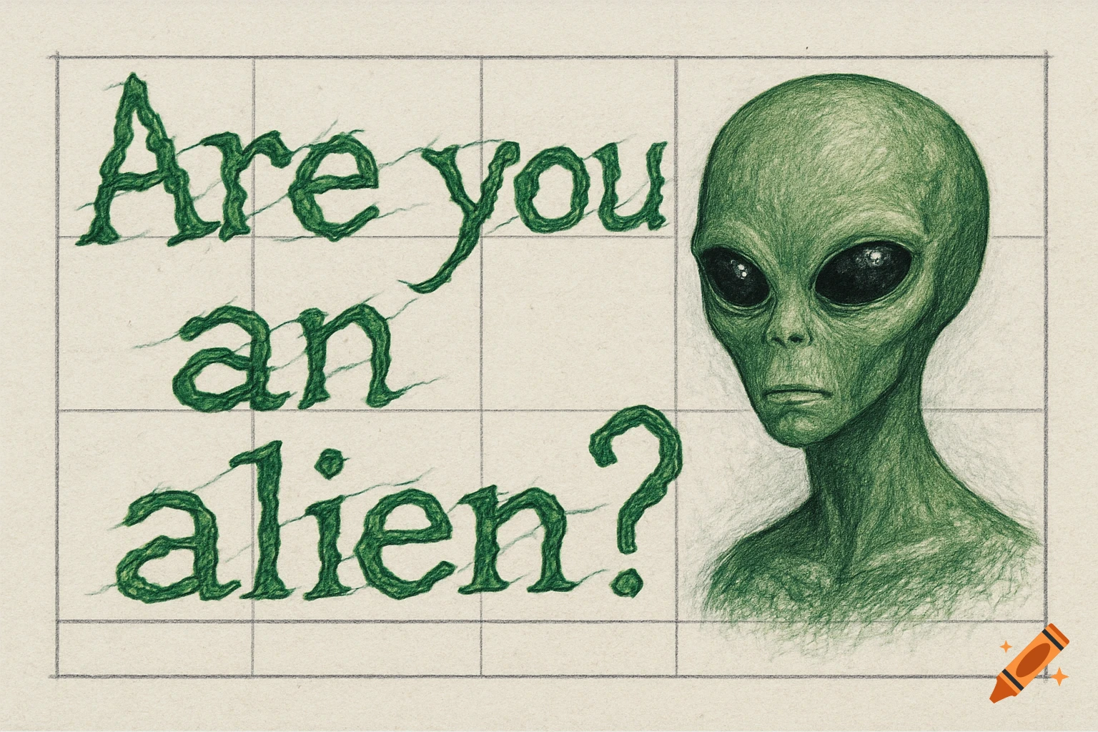 Green alien head next to the text 'Are you an alien?' in a colored pencil sketch