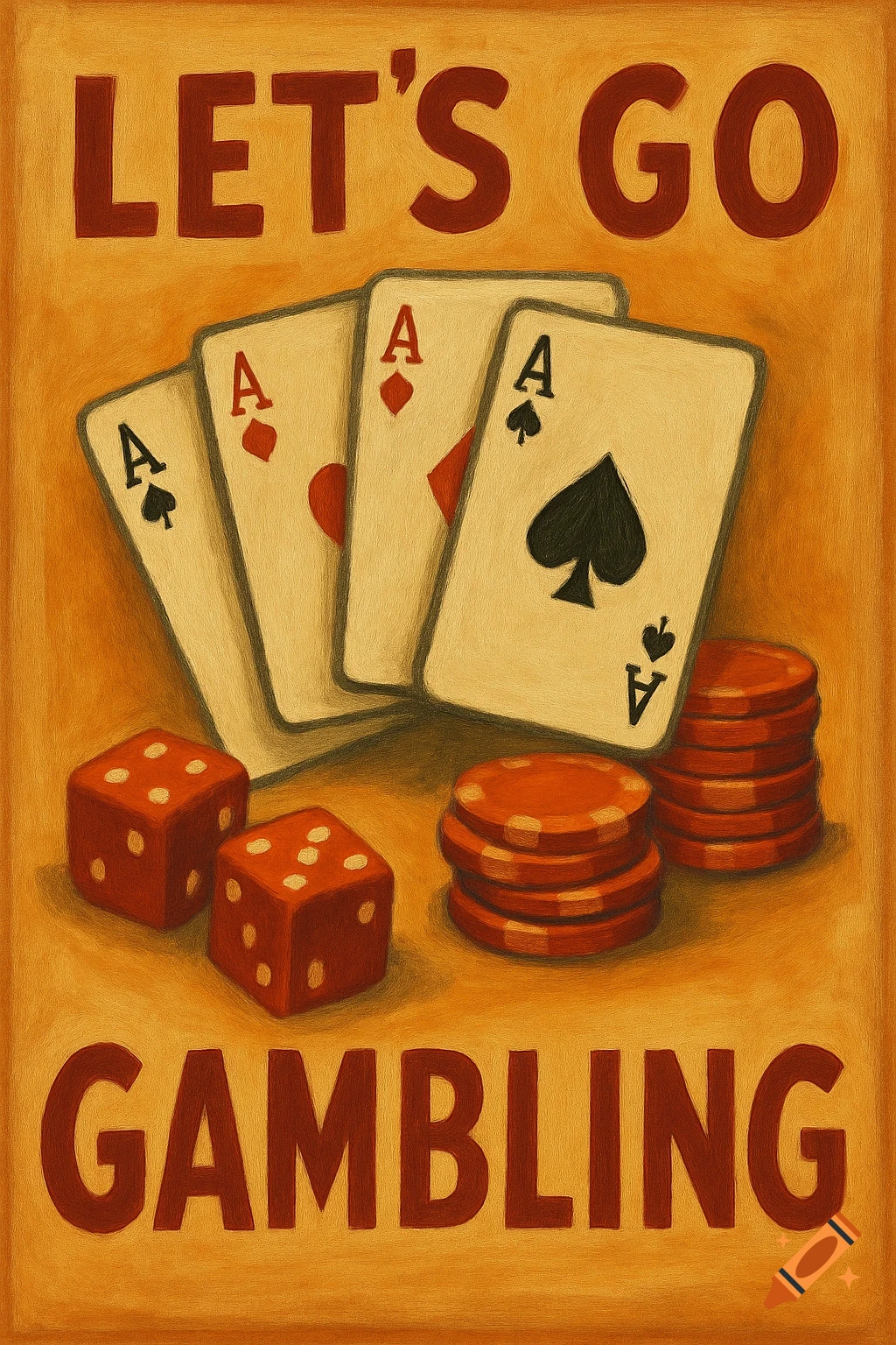 A simple poster design featuring playing cards, dice, and poker chips with the text "LET'S GO GAMBLING".
