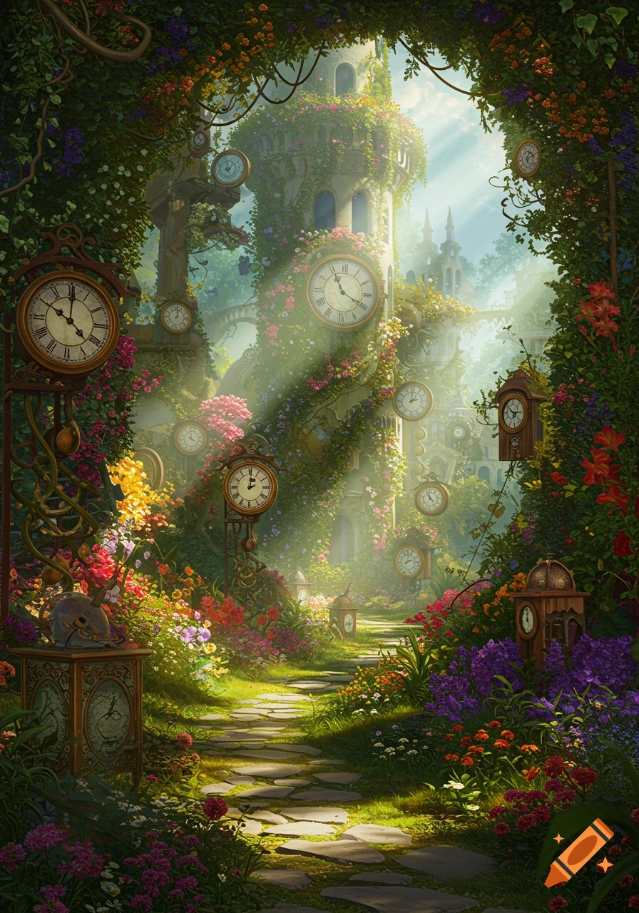 Fantasy garden with a path, clocks, flowers, and an ivy-covered tower, sunlight