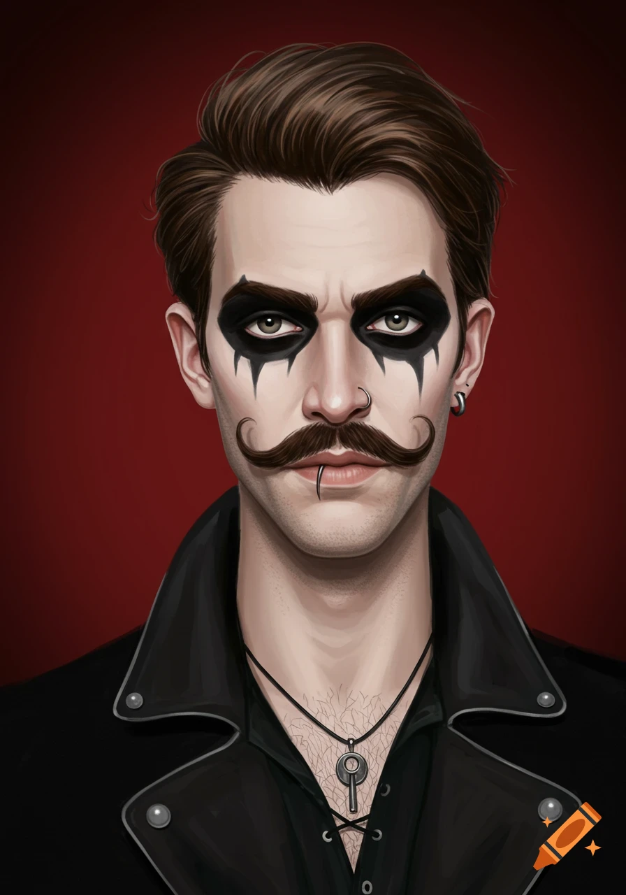 Portrait of a man with black face paint around his eyes, a thin mustache, lip and nose piercings, and a key necklace.