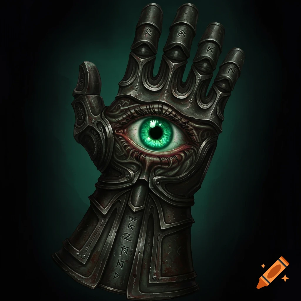 Detailed dark fantasy metal gauntlet with a large green eye in the palm and carved runes.