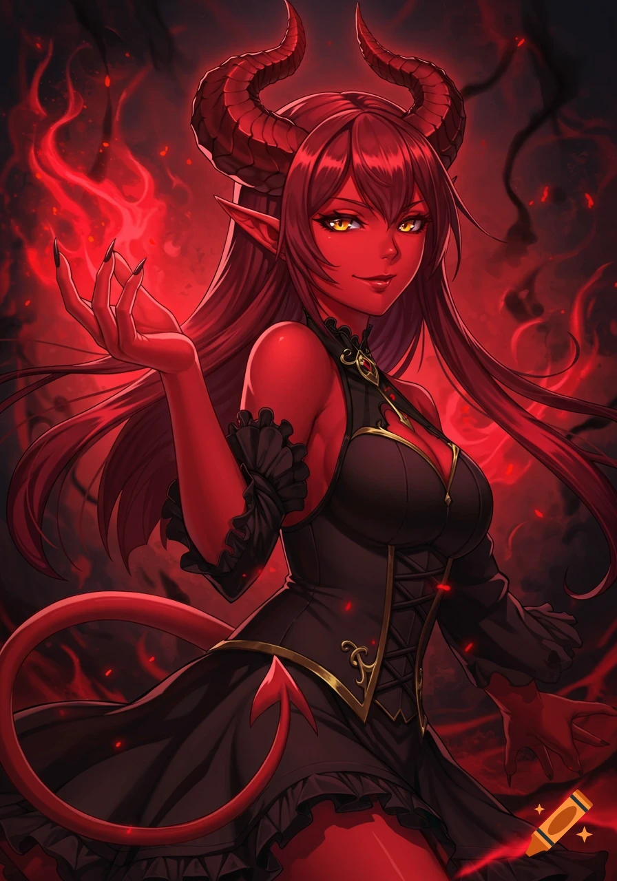 Red skinned anime devil girl with horns and tail in a black dress surrounded by red smoke.