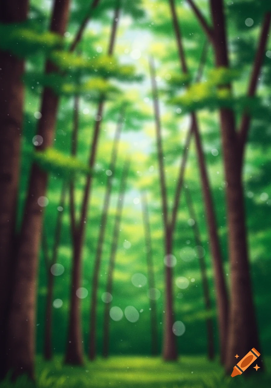 Stylized blurry forest background with sunlight through trees and bokeh.