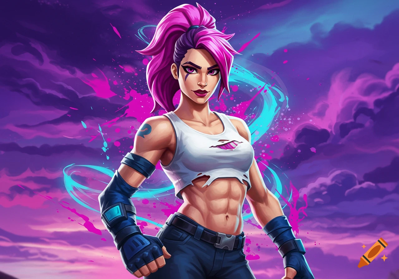 Illustration of a female character with pink hair and muscular abs against a vibrant purple and blue background.