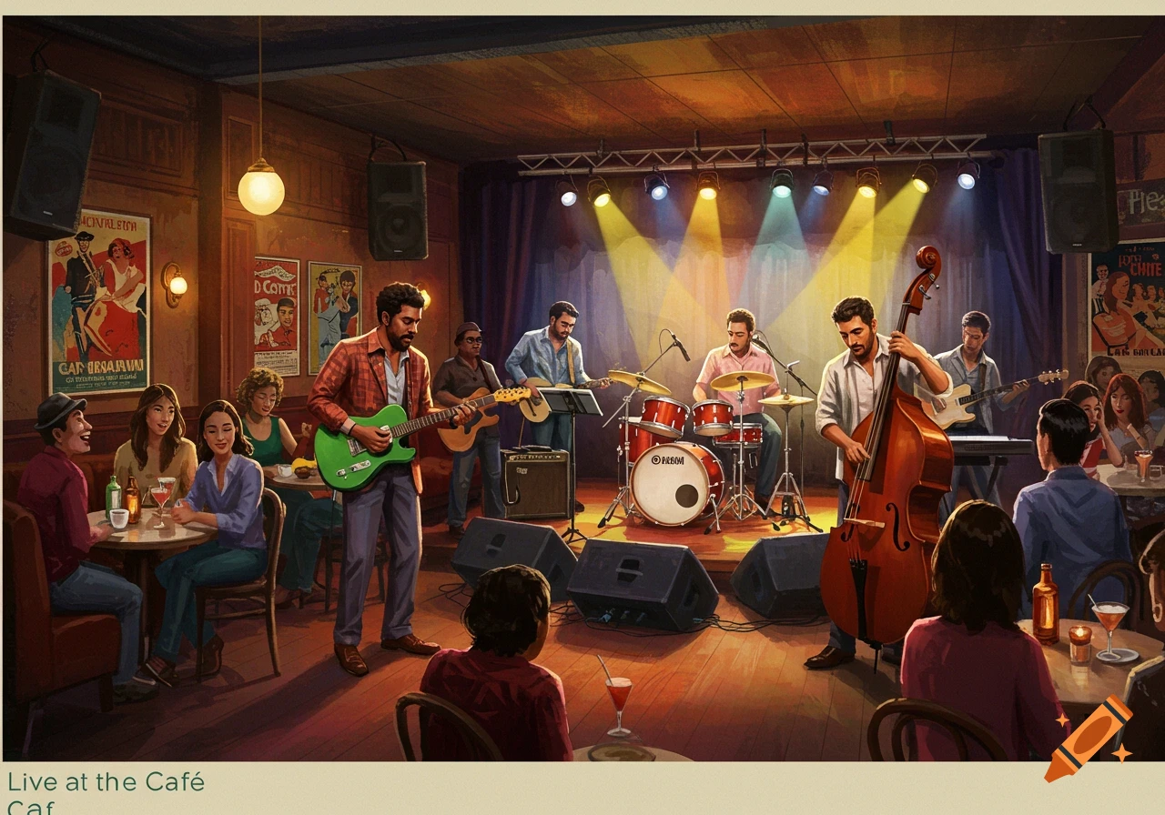 Illustration of a band playing live music on a stage in a cafe with audience members.