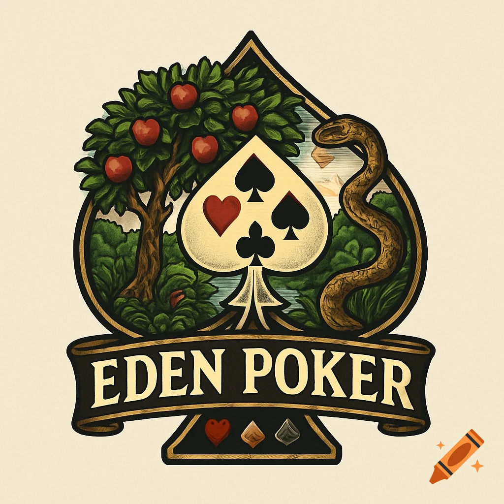 A detailed logo featuring a spade symbol containing an apple tree and a snake, with the text 'EDEN POKER' on a banner below, and poker suit symbols.