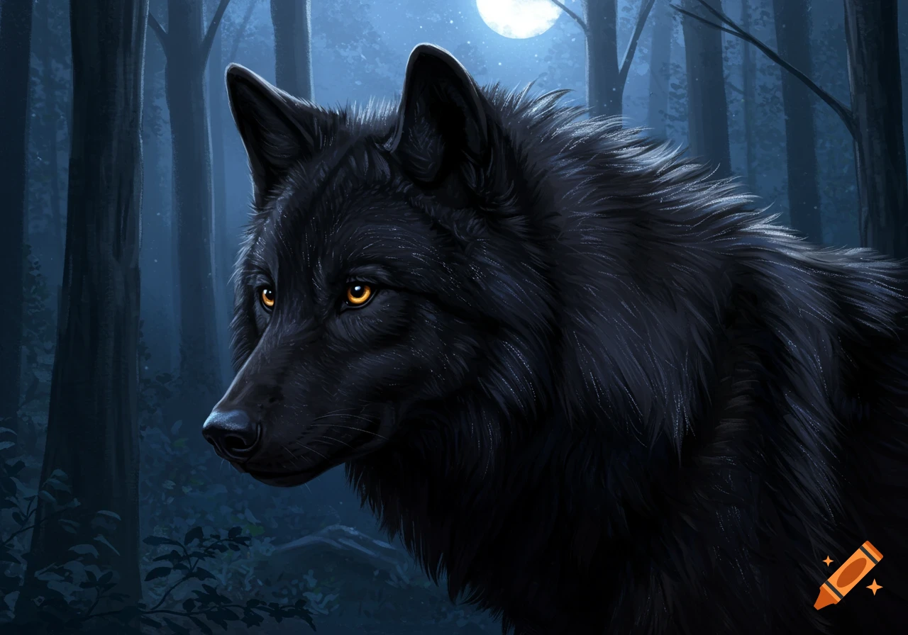 A black wolf with glowing yellow eyes stands in a dark forest at night under a full moon.