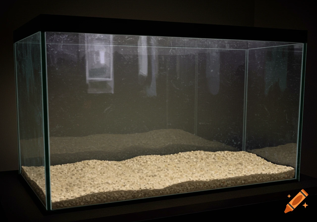 Empty glass fish tank with sand