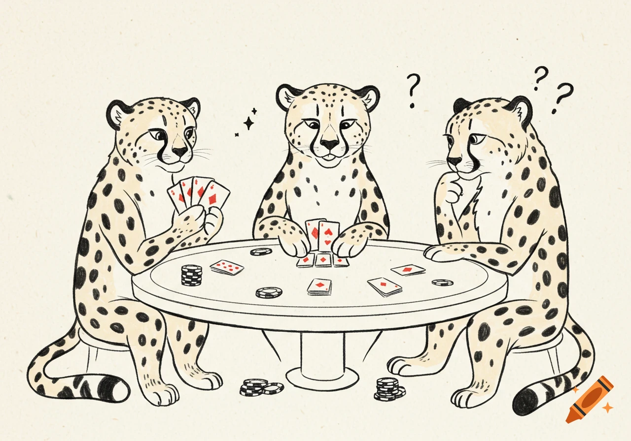 Illustration of three cheetahs playing poker