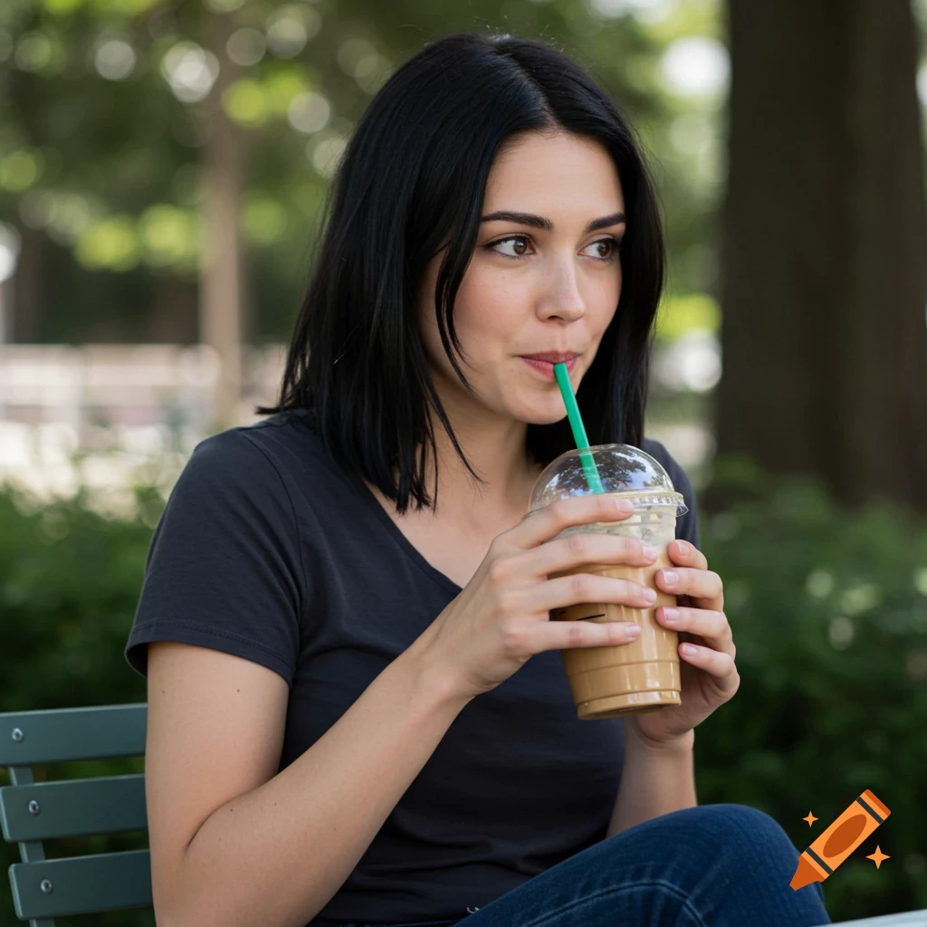 Woman drinking a frappe from a plastic cup with a green straw while sitting on a park bench.