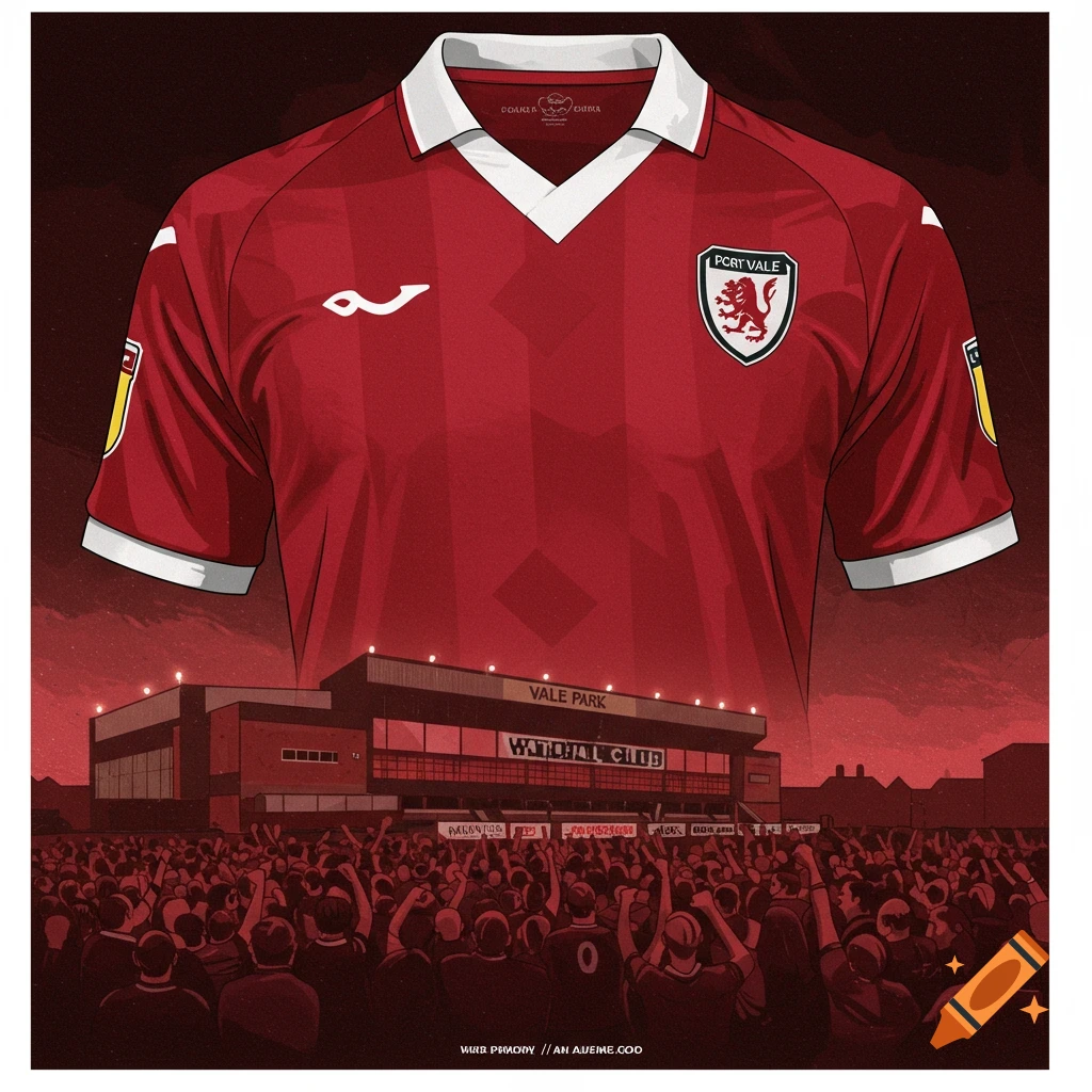 Red Port Vale football kit illustration above a stadium and cheering fans.