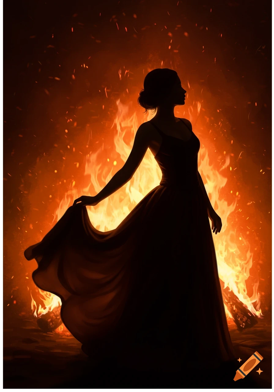 Silhouette of an elegant woman in a dress against a fiery background.