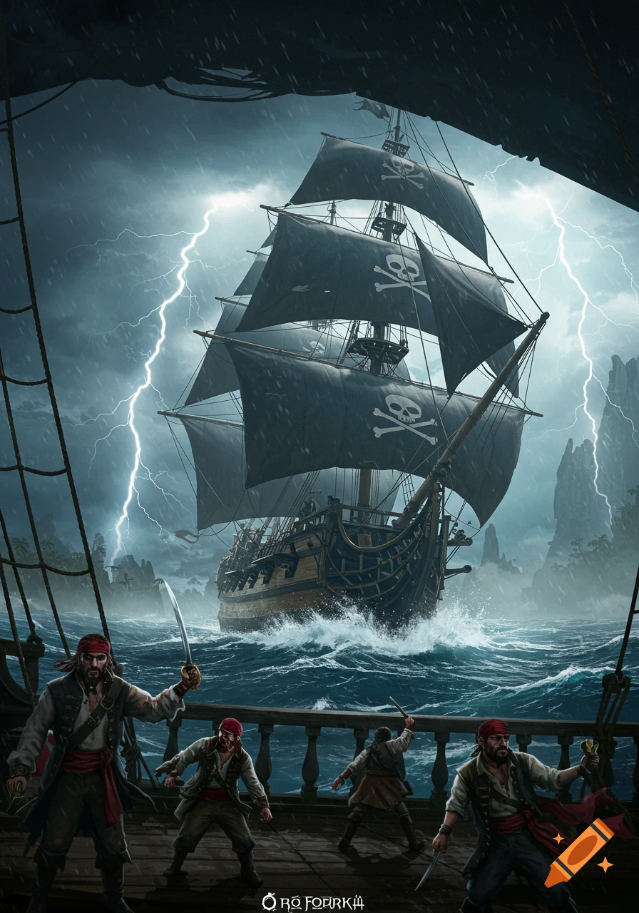 Pirates battle on a ship deck during a lightning storm, digital painting