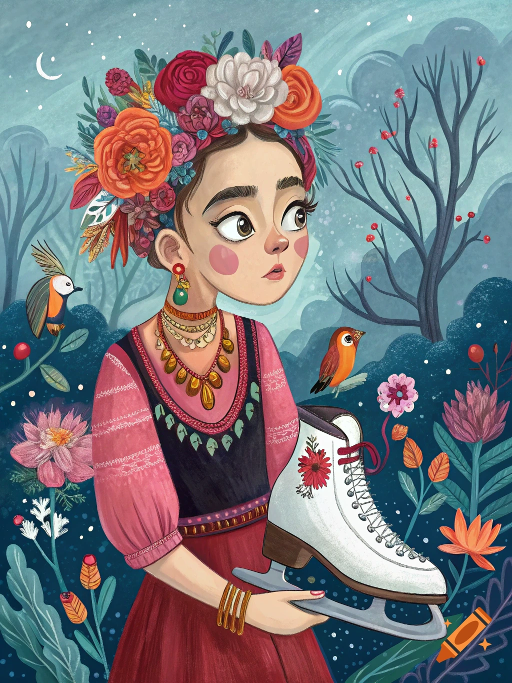 Illustration of a girl with flowers in her hair holding an ice skate, surrounded by flowers and birds in a folk art style.