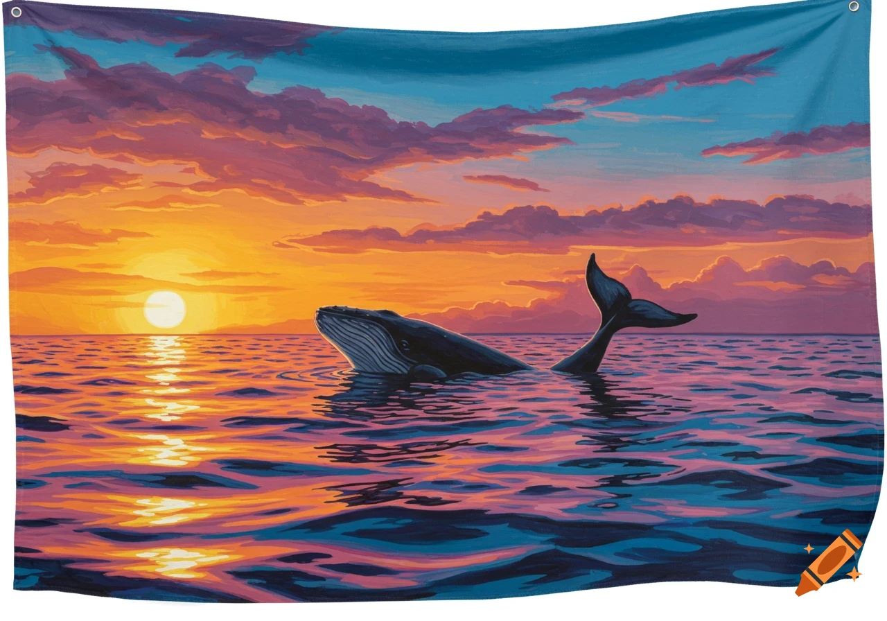 Painting of a whale in the ocean at sunset.
