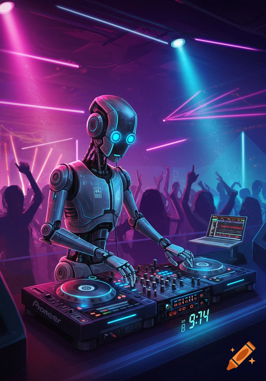 A robot DJ plays music in a club with bright pink and blue neon lights and silhouetted dancers.