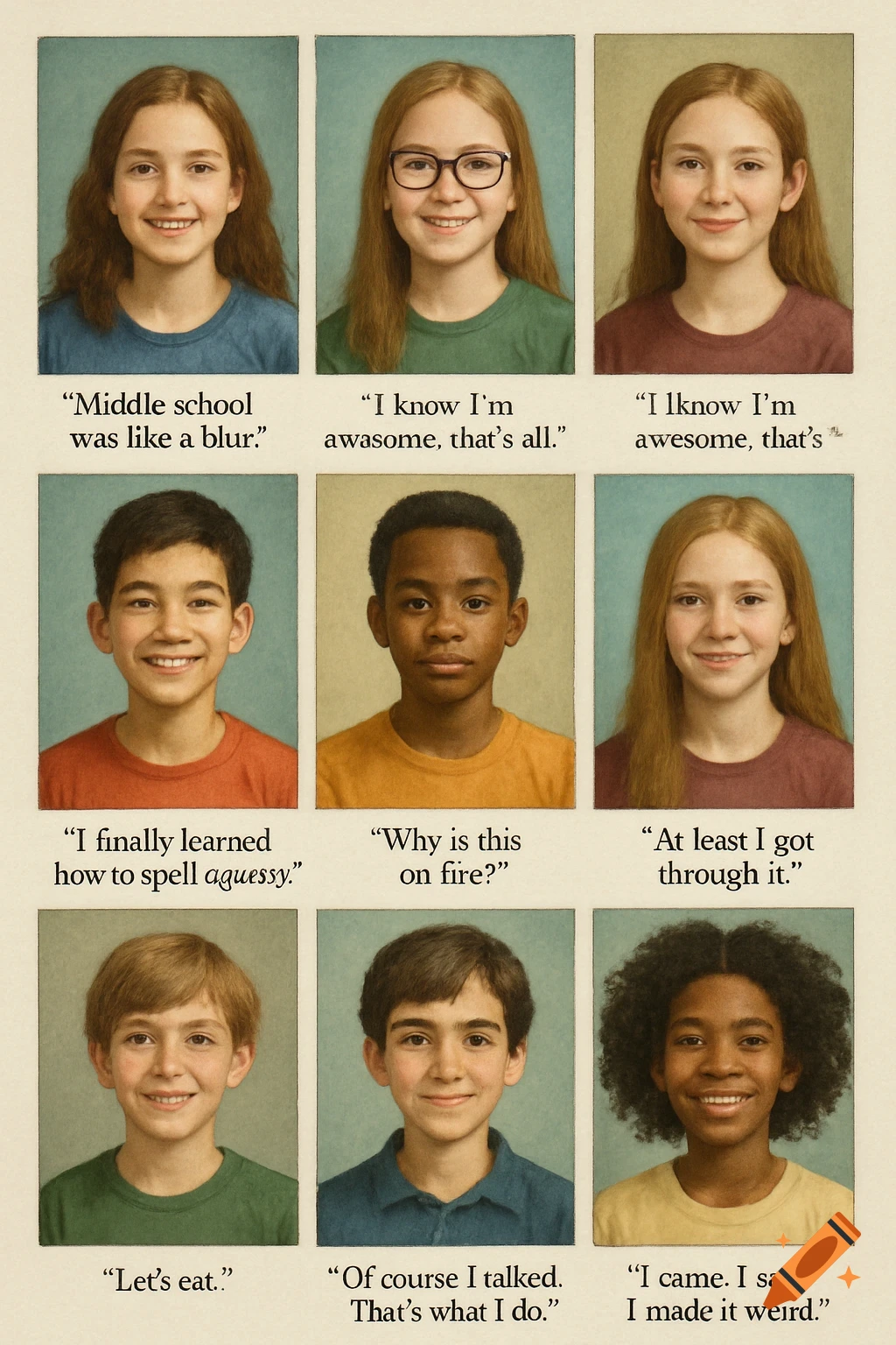A grid of nine vintage-style yearbook portraits of diverse middle schoolers with individual quotes below each photo.