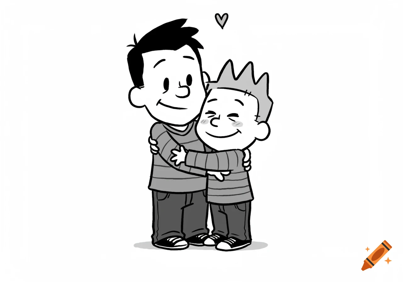 Black and white cartoon drawing of two boys hugging happily with a heart above them.