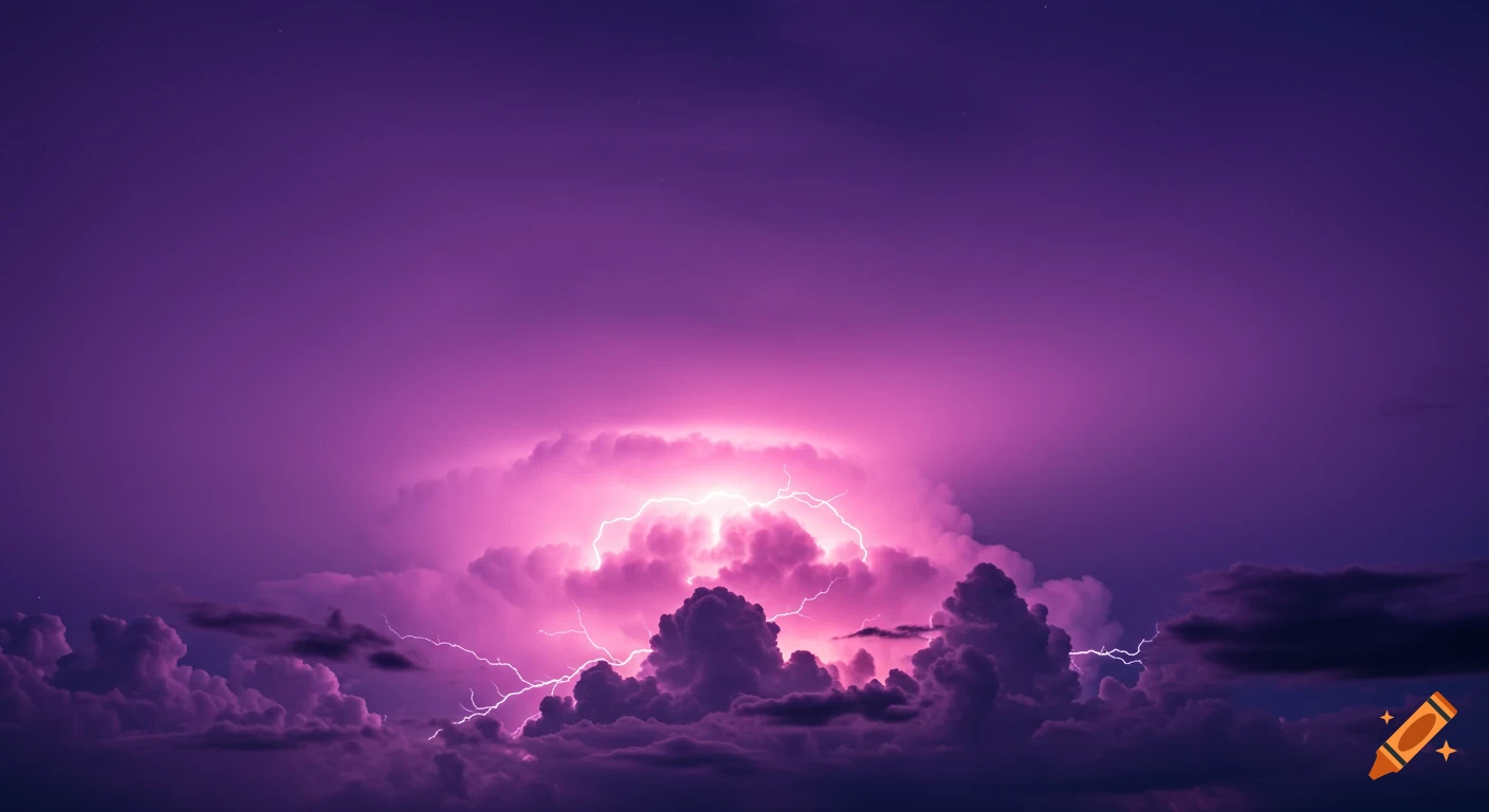 A dramatic purple sky with lightning striking through storm clouds. on ...