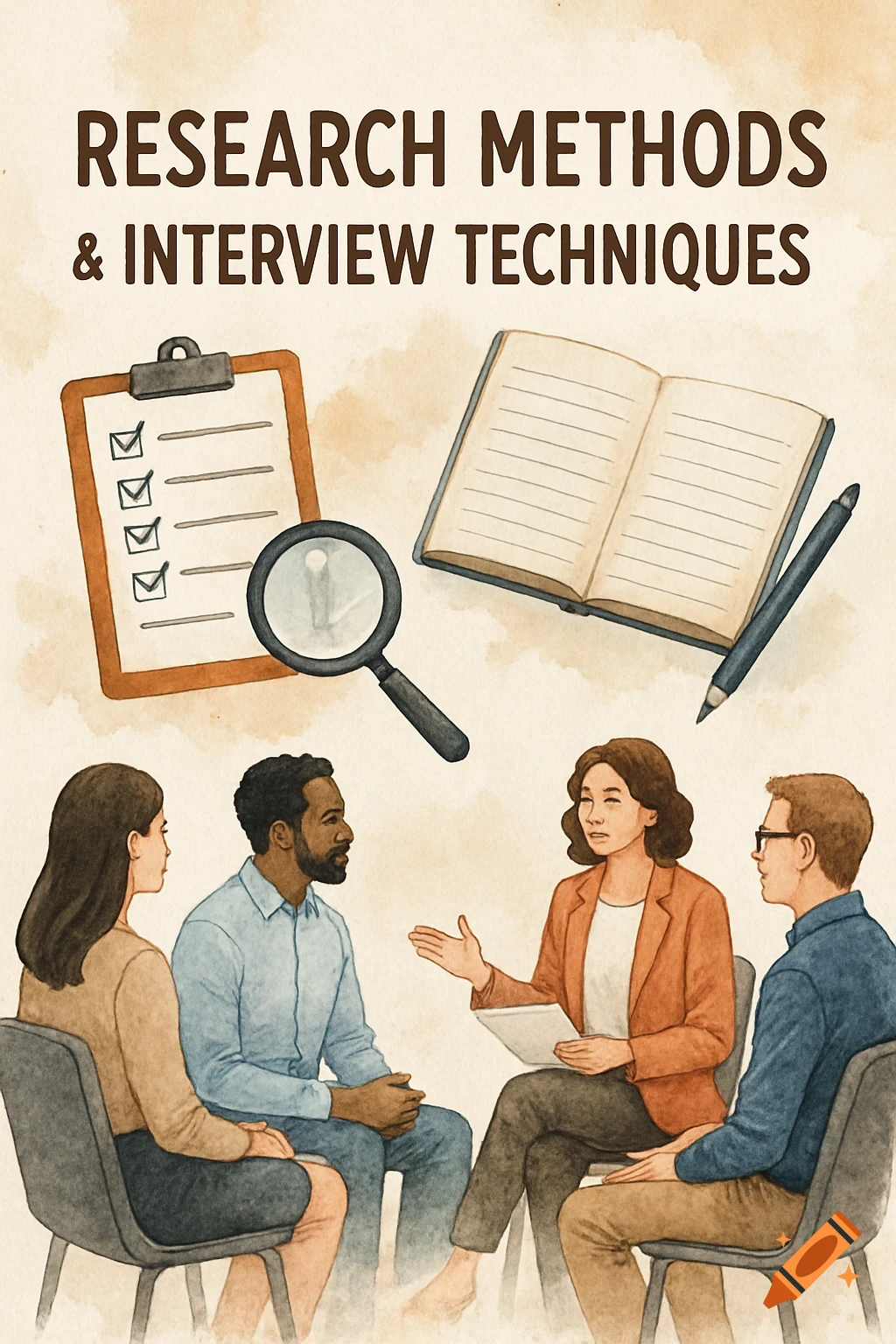 Watercolor illustration of people discussing research methods and interview techniques with tools like a clipboard, magnifying glass, book, and pen.