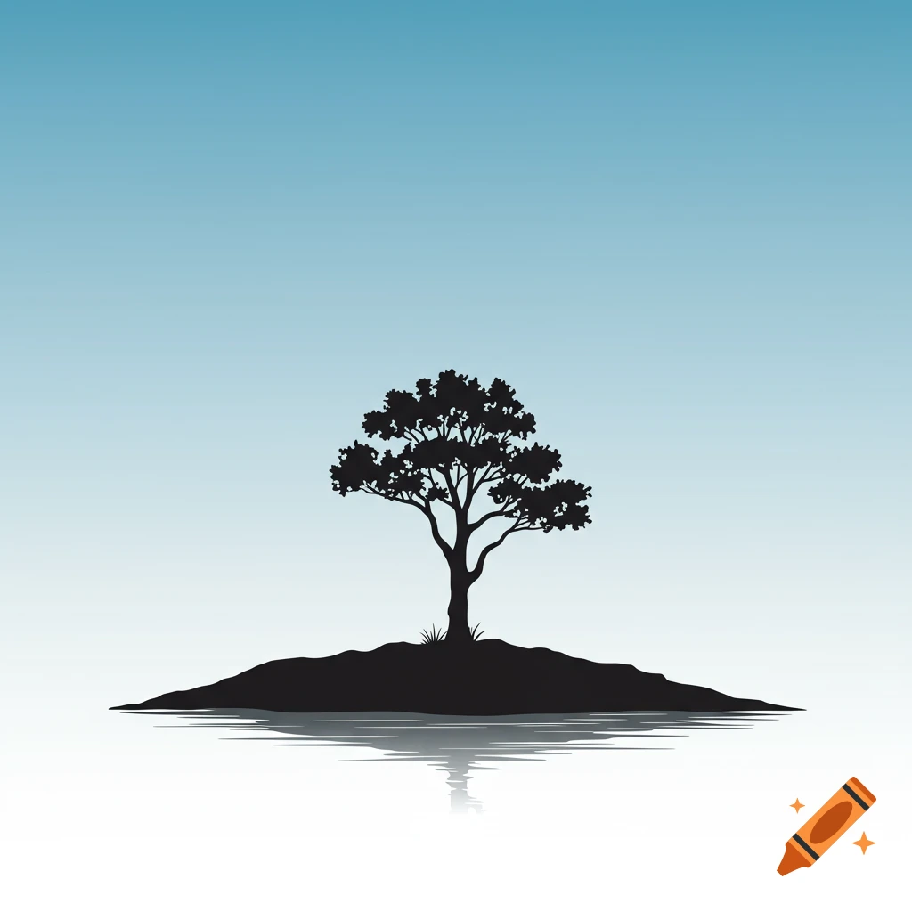 Silhouette illustration of a tree on a small island with water reflection against a blue sky