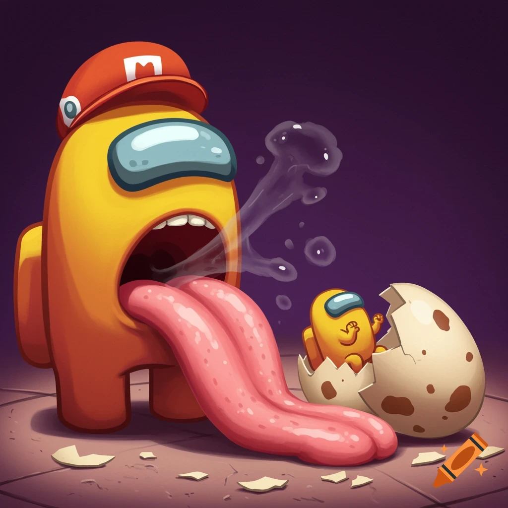 Cartoon of a large yellow Among Us character in a red hat with a long tongue looking at a smaller character hatching from an egg.