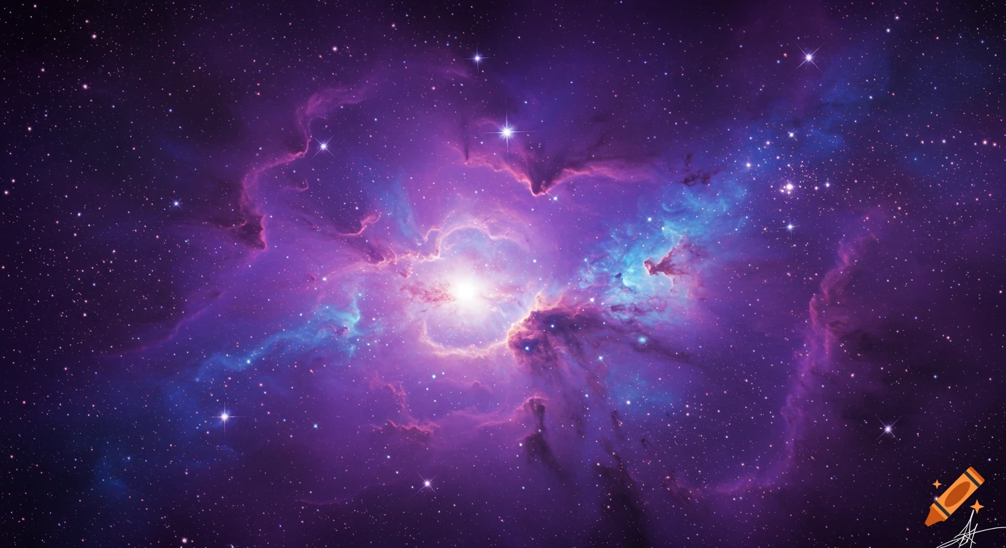 Vibrant purple and blue nebula with scattered stars in deep space.