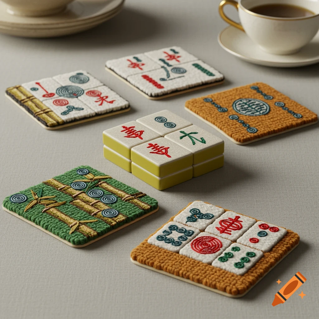 Needlepoint coaster designs featuring patterns inspired by mahjong tiles, arranged on a table with teacups in the background.