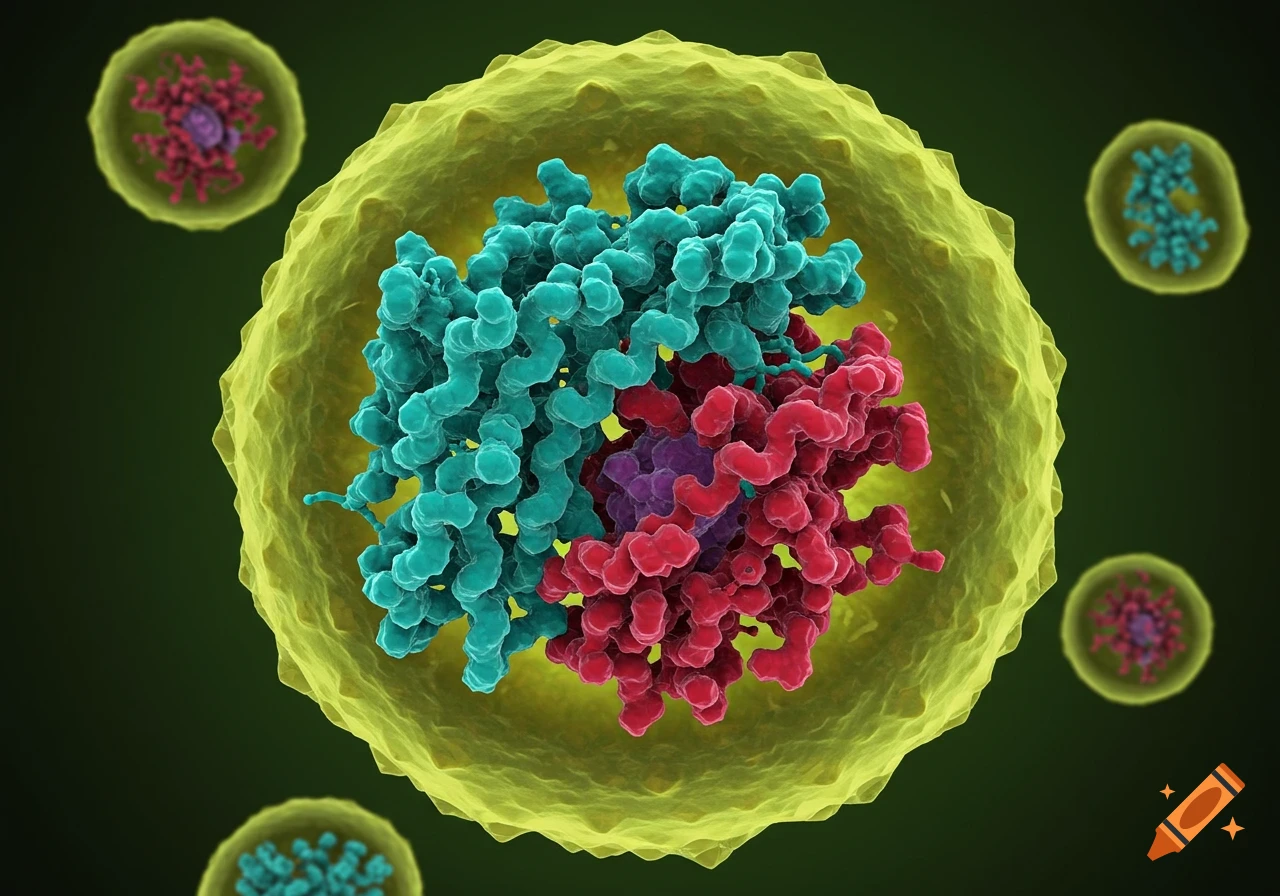 A 3D rendering of an aptamer binding to a protein inside a cell-like structure.