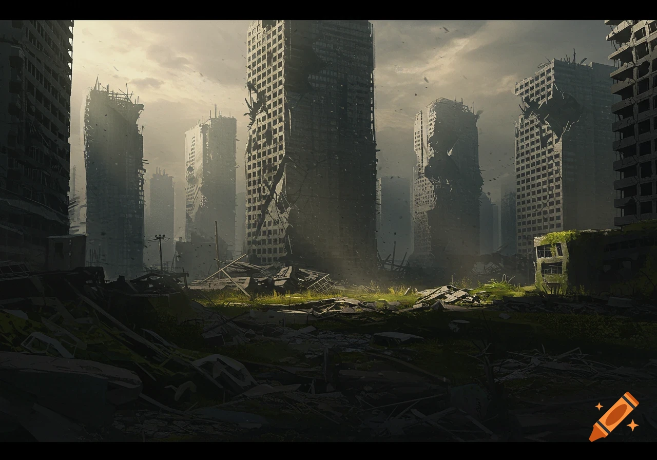A desolate landscape of a destroyed city with crumbling skyscrapers under a hazy sky.